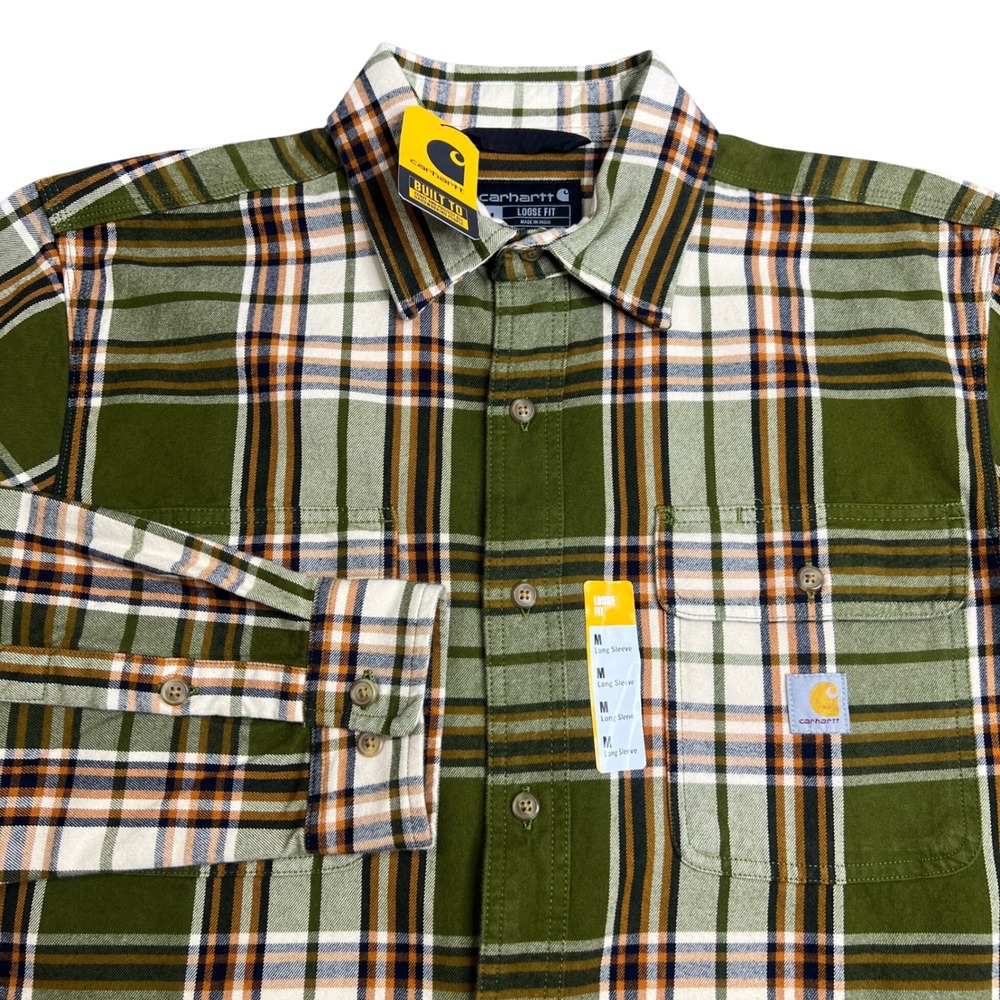 Carhartt Mens Loose Fit Heavyweight Flannel Plaid Shirt Green Orange Size M NEW